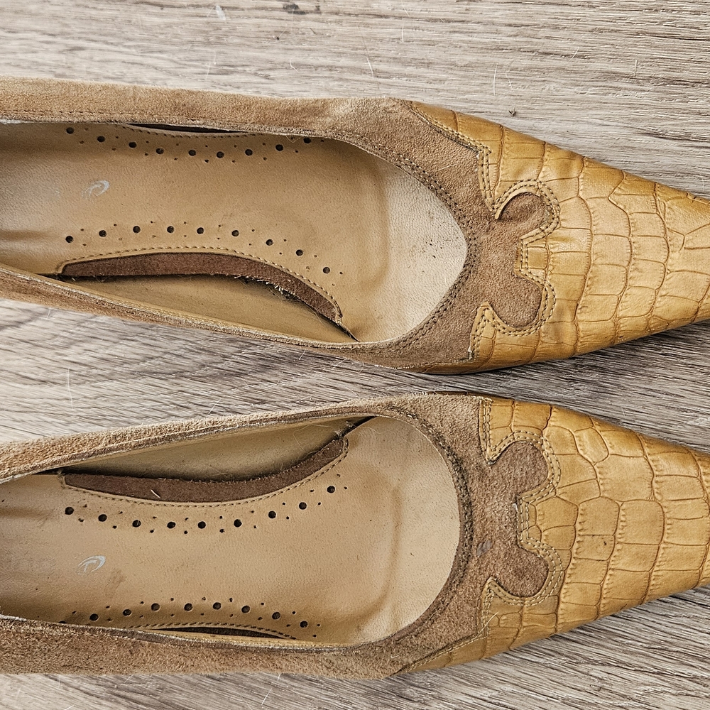 Call It Spring Brown and Tan Heels with Textured Leather and Pointed Toe